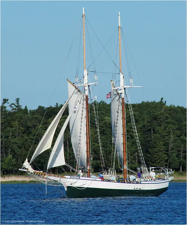 Two-masted schooner with white sails passing a forested shoreline.