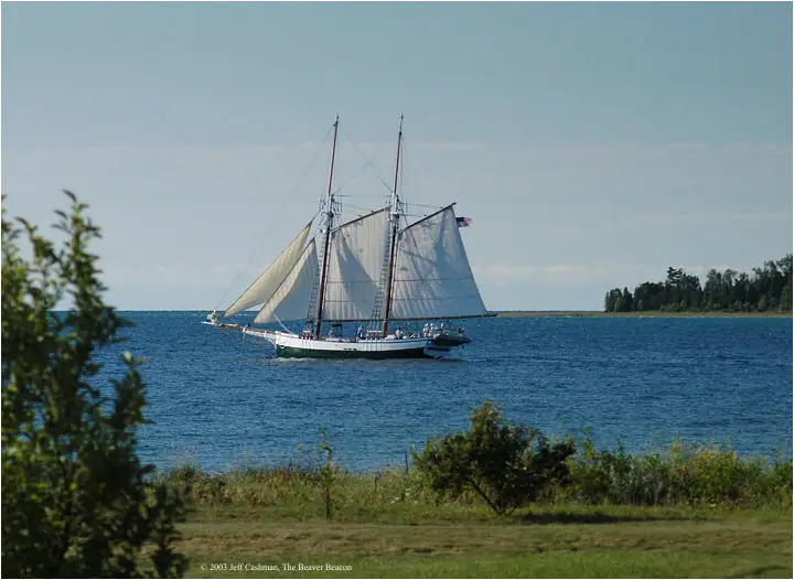 A two-masted schooner with white sails passes a tree-lined shore.