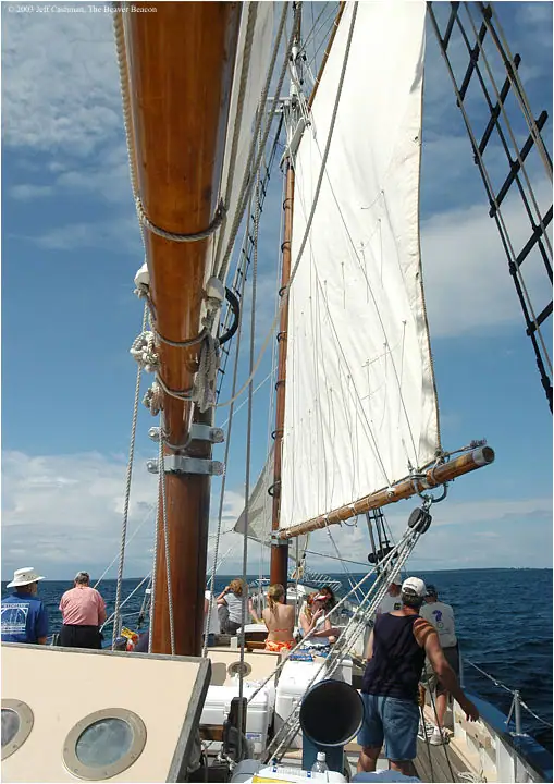 People stand on a sailing vessel’s deck beneath a large white sail and wooden mast.