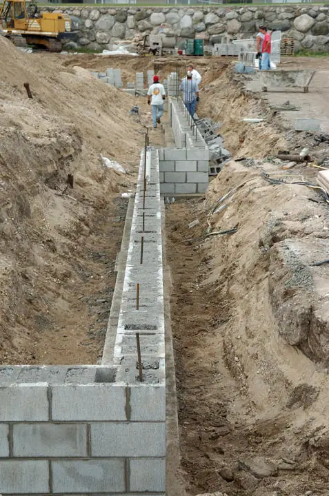 A concrete-block foundation takes shape in a deep construction trench with workers and an excavator nearby.