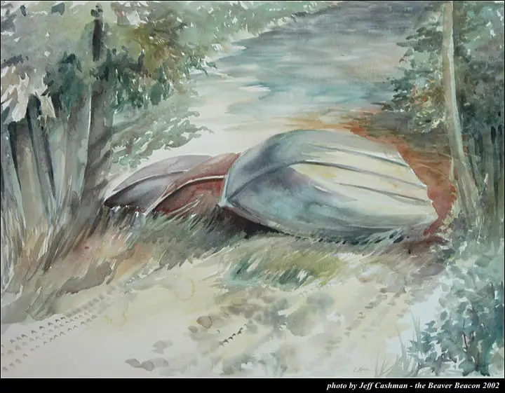 Watercolor painting of two overturned rowboats beside a wooded shoreline.
