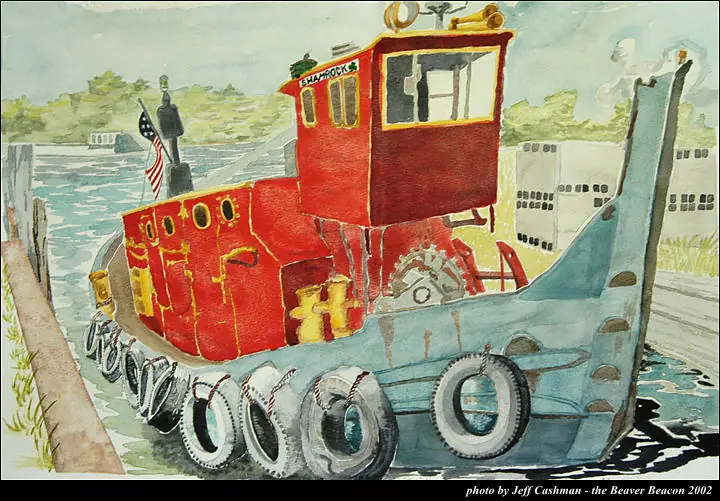 Watercolor painting of a red-and-gray tugboat beside a dock, with a flag, tires, and water in the background.