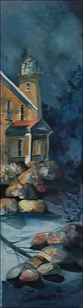 Vertical painting of a lighthouse beside a rocky shoreline and dark water.