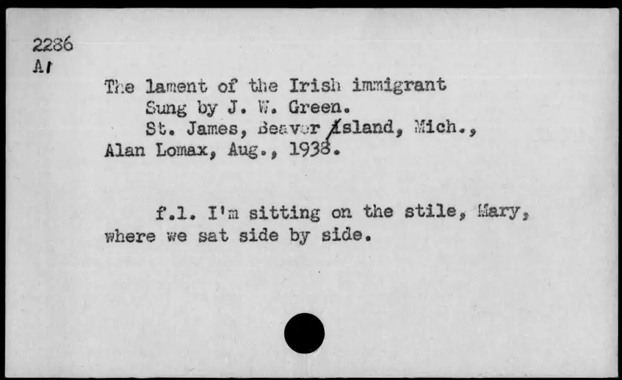 Photograph: The lament of the Irish immigrant, 1938-08.