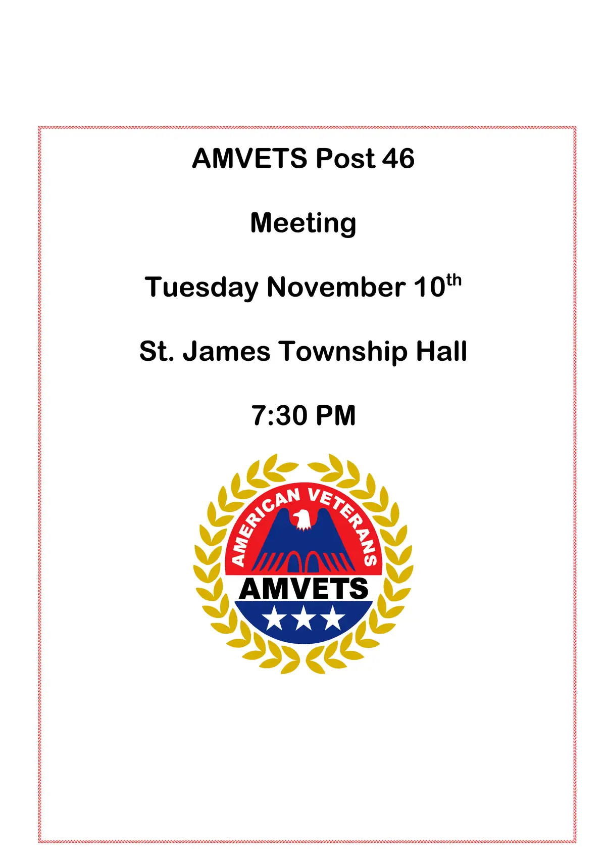 Printed notice announcing an AMVETS Post 46 meeting, with a circular veterans emblem.