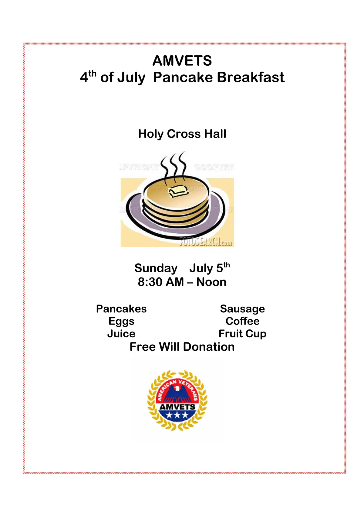 Flyer advertising an AMVETS Fourth of July pancake breakfast with a pancake illustration and event details.