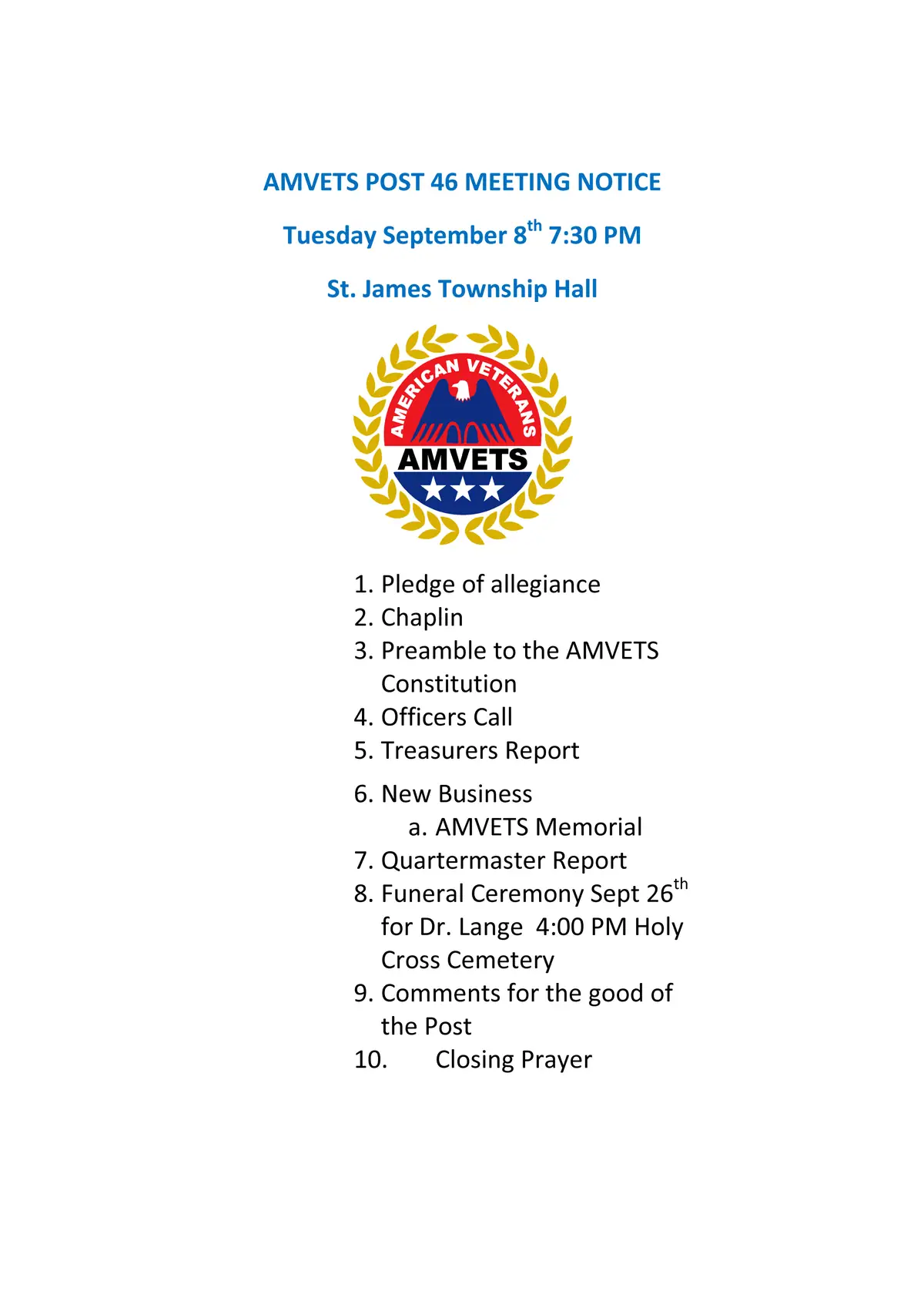 Printed meeting notice with a veterans organization emblem and a numbered agenda.