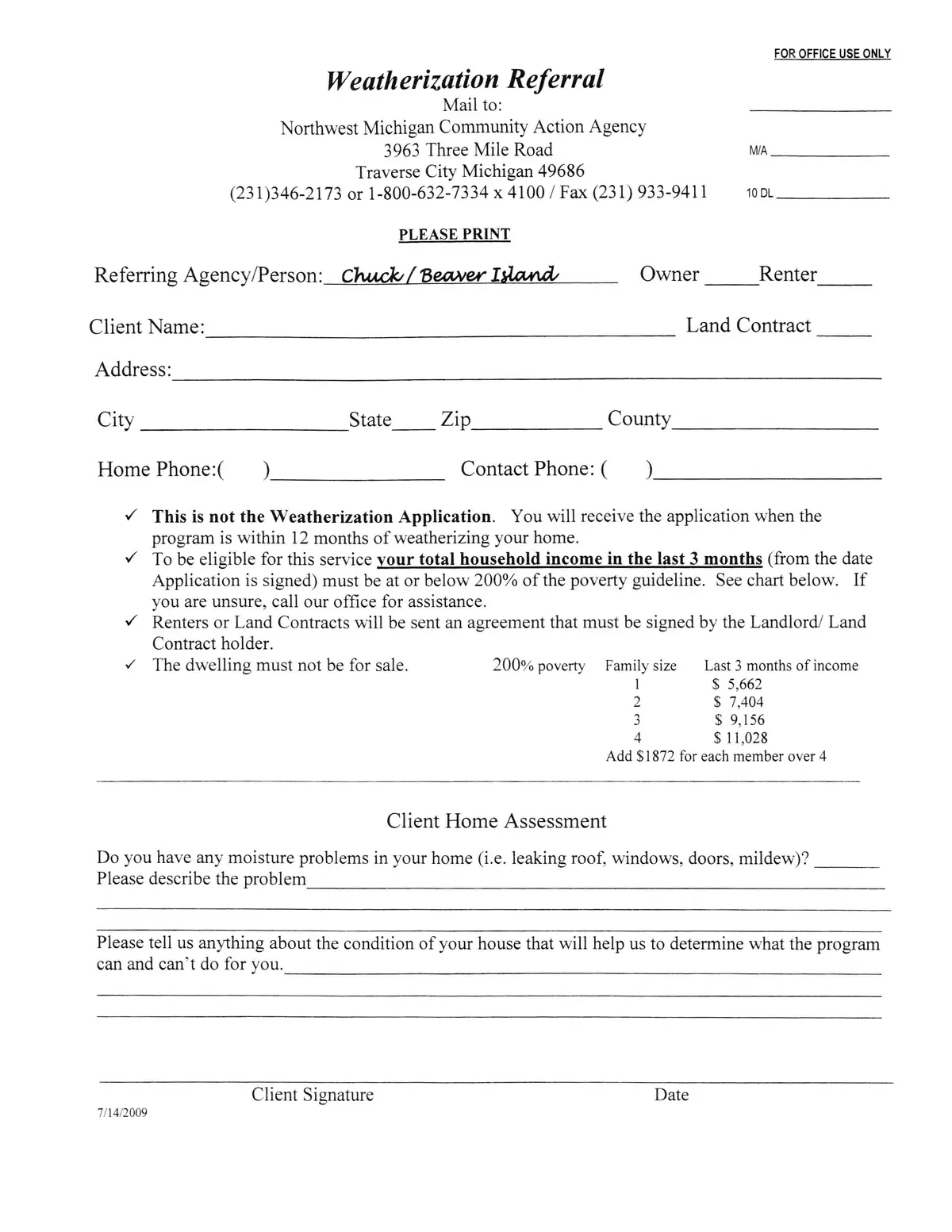 Scanned weatherization referral form with blank client fields and a handwritten referring-person entry.
