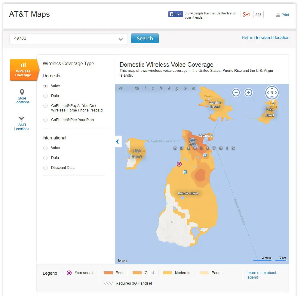 Screenshot of a wireless voice-coverage map with a colored regional map and legend.