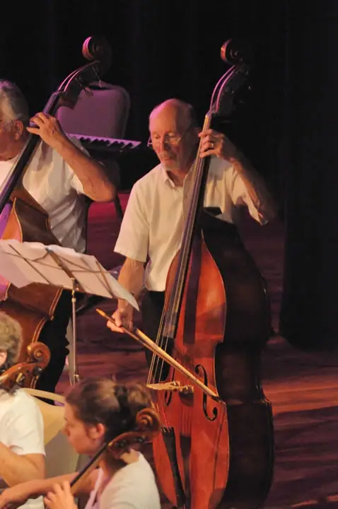 Musicians perform on a dimly lit stage with double basses, sheet music, and other string instruments.