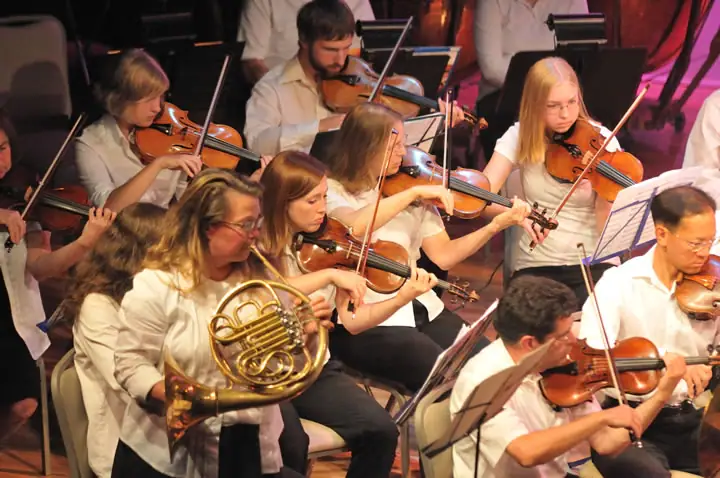 Musicians perform together, with violins, violas, and a French horn visible in the ensemble.