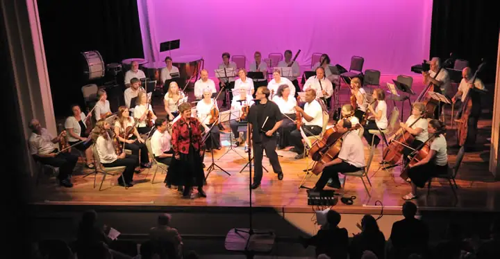 An orchestra performs on a stage before an audience, with a conductor and standing vocalist at center.