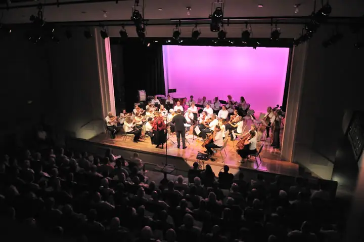 An orchestra performs under pink stage lighting before a seated audience in a dark auditorium.
