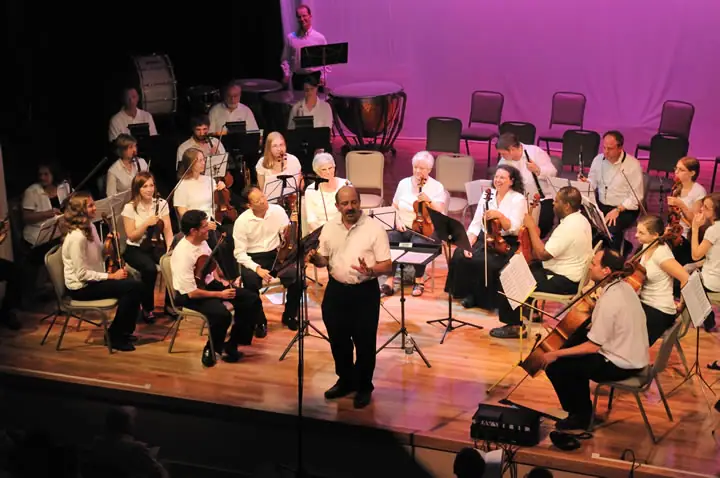 A conductor leads a seated ensemble of string and percussion musicians on a brightly lit stage.
