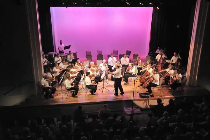 A conductor leads a seated string orchestra on a brightly lit stage before an audience.