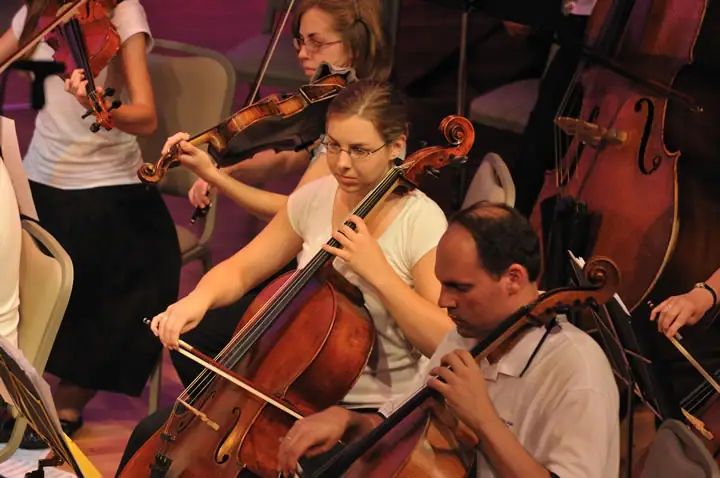 Seated musicians perform on violins, cellos, and a double bass in a close-up orchestral scene.