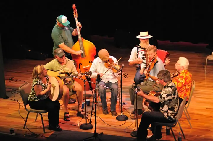 Musicians perform together on a stage, playing string instruments, accordions, and a frame drum.