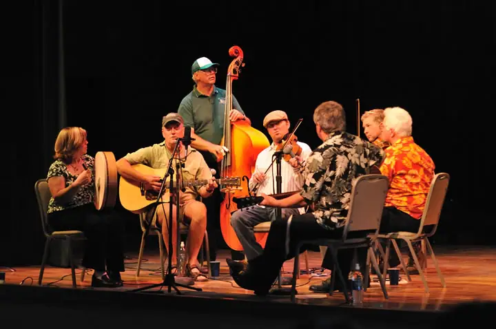 Musicians perform on a stage with string instruments and a hand drum.