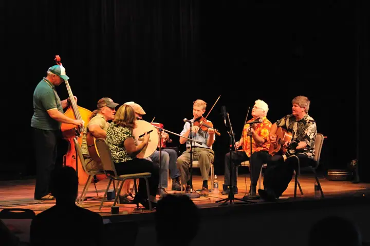 Seven musicians perform on a stage while audience silhouettes watch from the foreground.