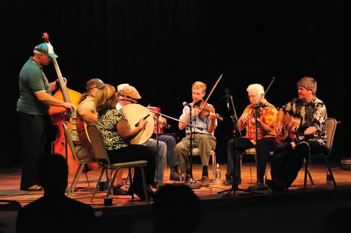 Seven musicians perform together on a dimly lit stage with string instruments and microphones.