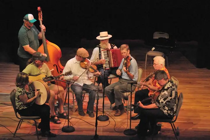 Musicians perform together on a stage with strings, accordion, double bass, and a frame drum.