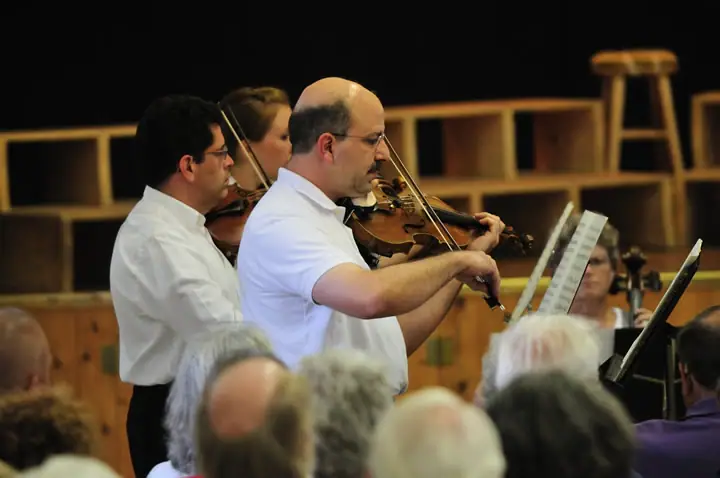 Two violinists perform before an audience, with sheet music and additional musicians visible behind them.