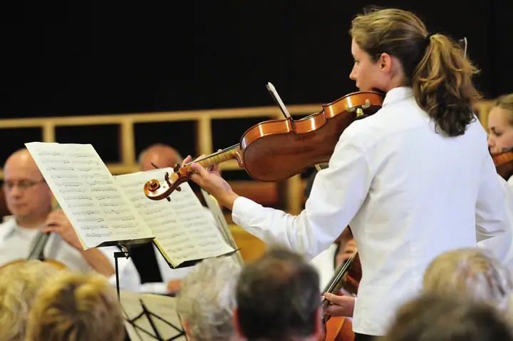 A violinist performs with other string musicians before an audience.