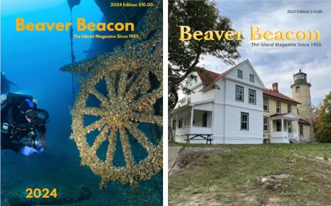 Two magazine covers show an underwater diver and wheel beside a house and lighthouse.
