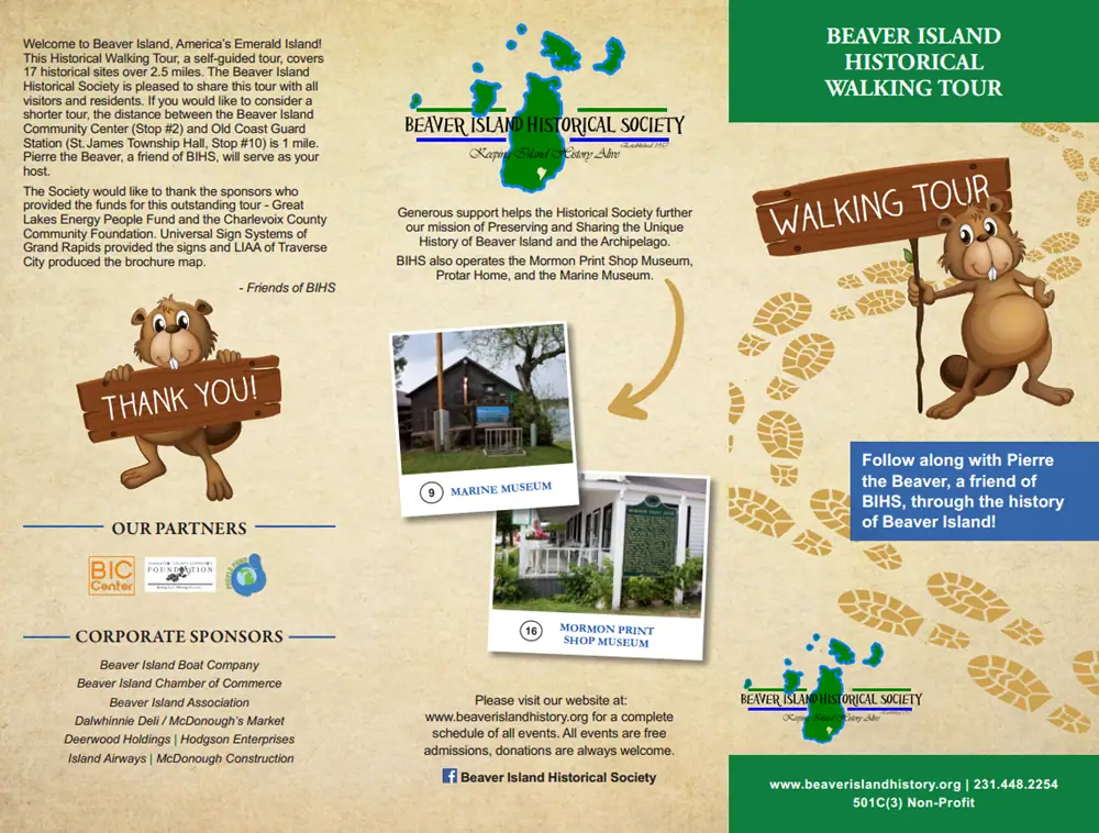 Illustrated walking-tour brochure with cartoon beavers, footprints, building photos, a map graphic, and sponsor text.