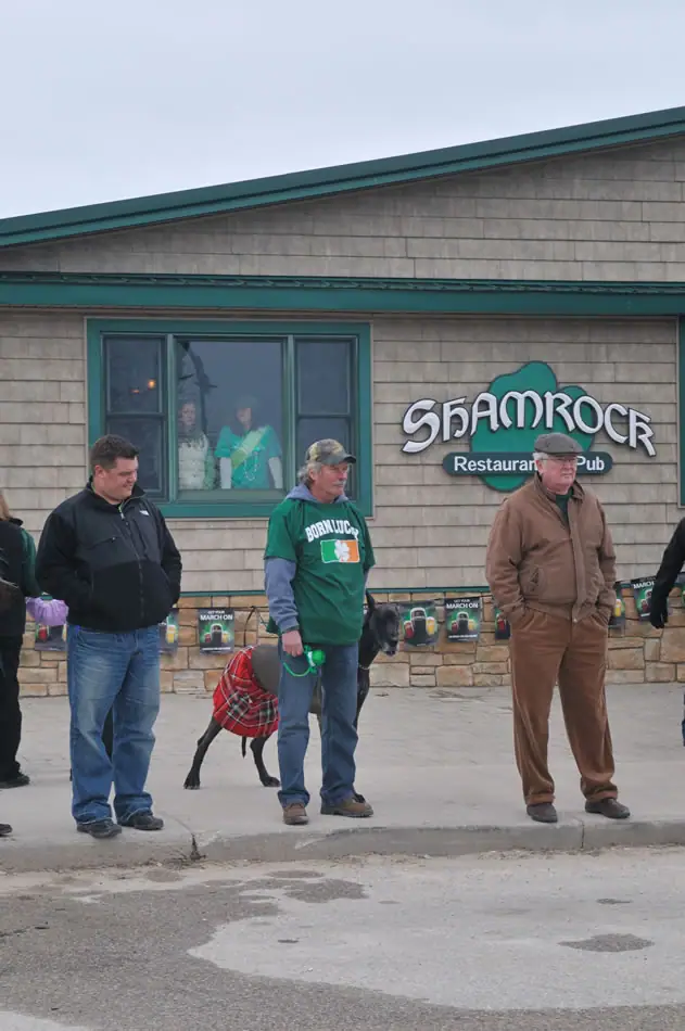 People stand outside a shingled pub while a leashed dog in a tartan coat passes by.