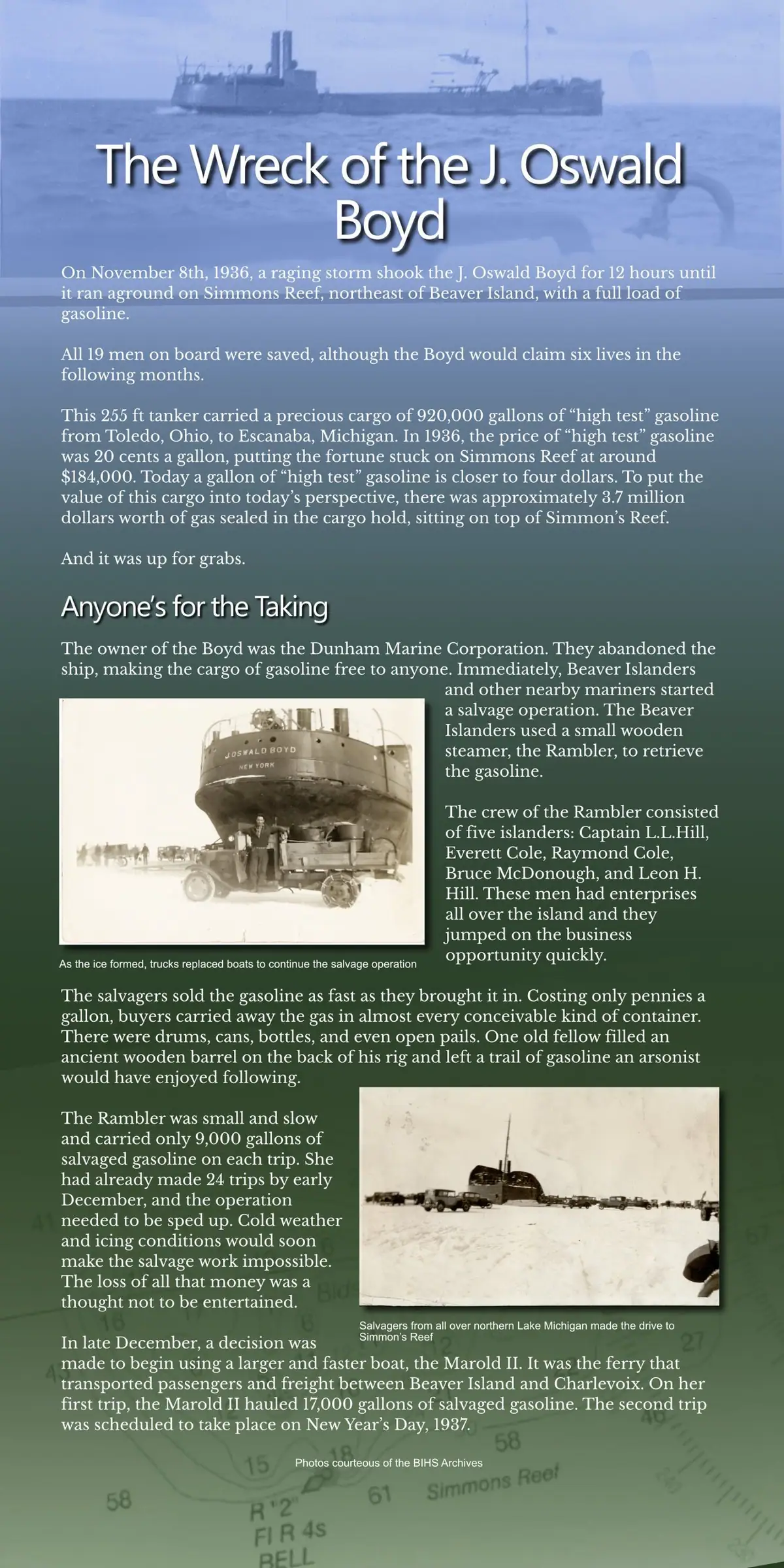 A vertical historical webpage about a wreck, with printed text, a nautical chart, and two black-and-white photographs.