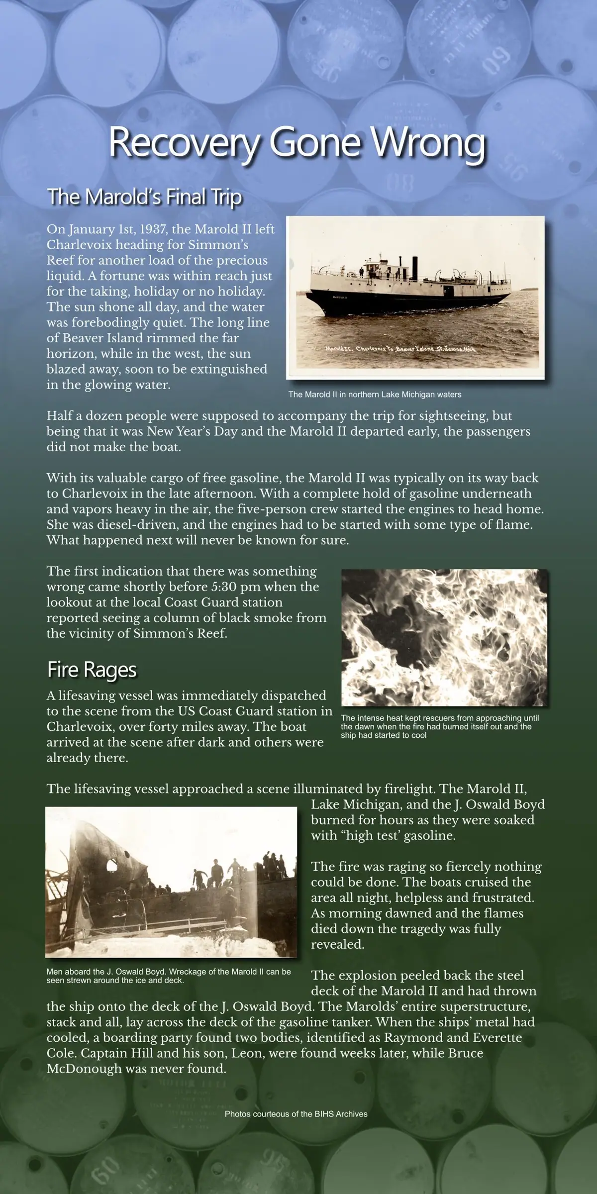 Vertical illustrated poster recounting a tanker fire and wreck, with historical photographs, headings, and dense printed text.