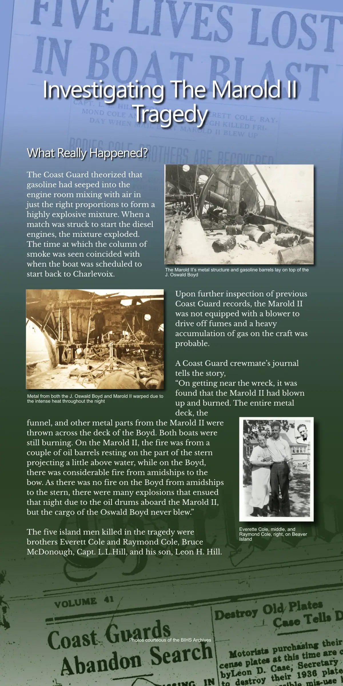 A historical article page about a boat explosion, with wreckage photographs, text, and a small portrait.