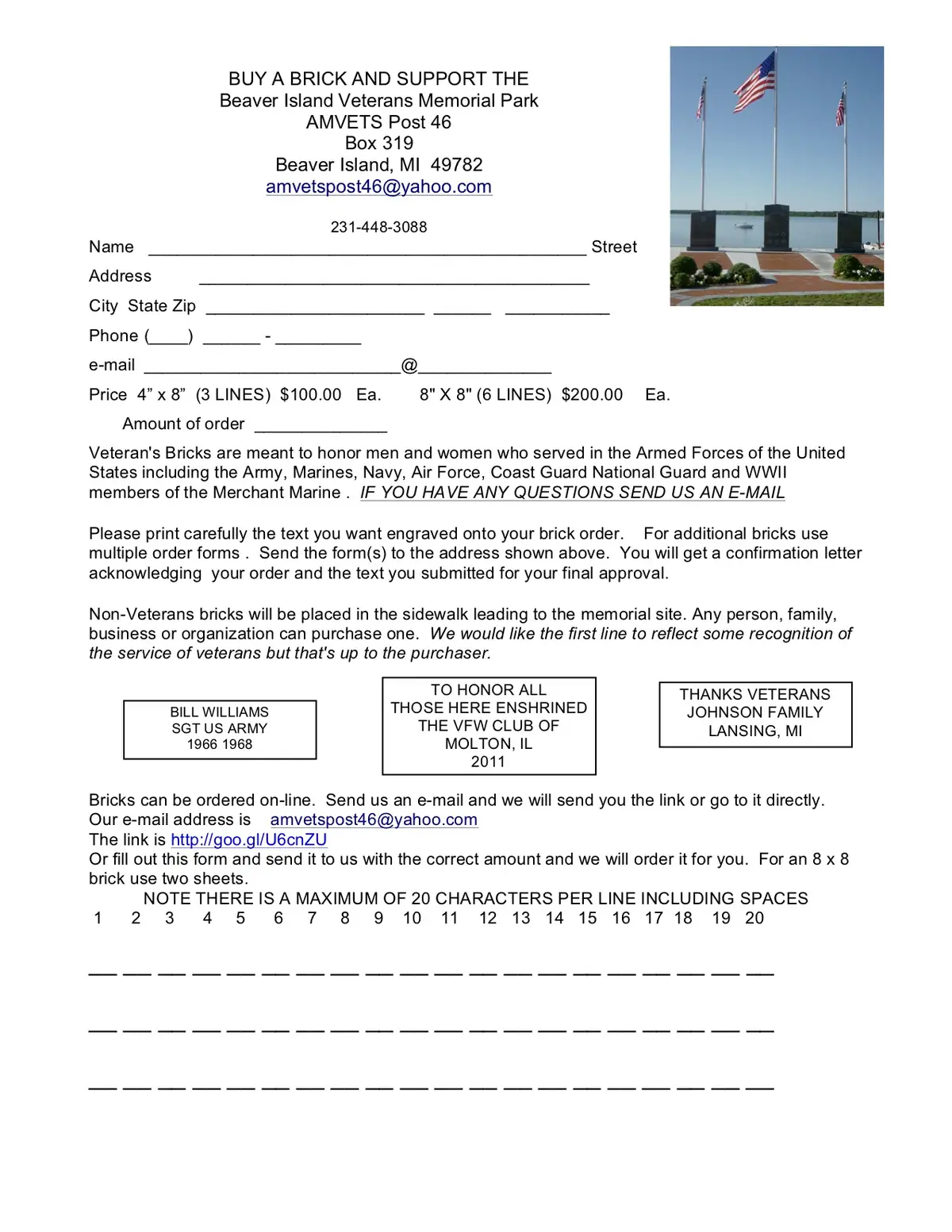 A one-page brick-order form with a memorial photograph, flags, sample engraved bricks, and blank order fields.