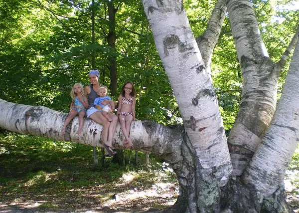 An adult and three children sit on a large birch tree branch in a wooded setting.
