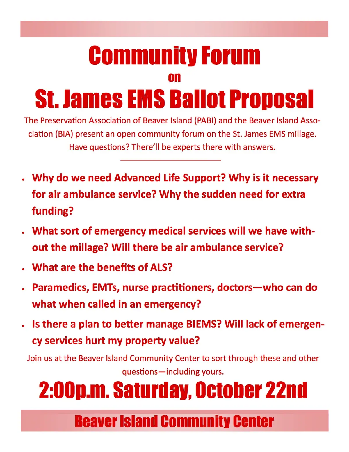 A red-and-white flyer announces a community forum about emergency medical services and a ballot proposal.