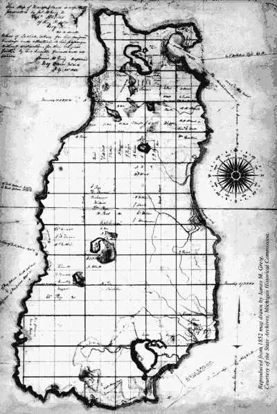 Hand-drawn historical map showing a gridded peninsula, waterways, handwritten notes, and a compass rose.