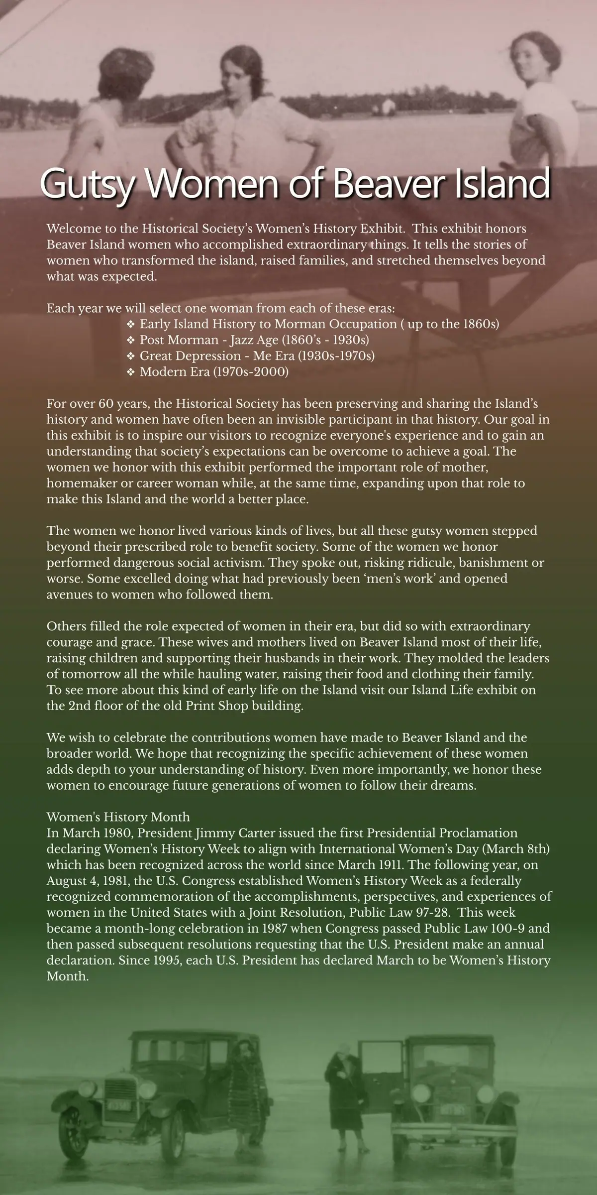 Tall webpage page with women's-history text and faded photos of women and early automobiles.