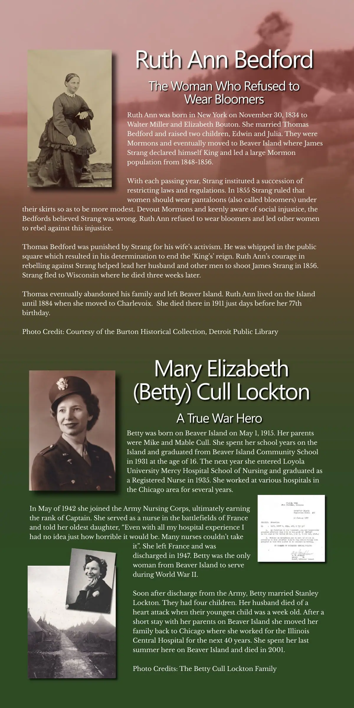 A tall illustrated page presents two women's biographies alongside portraits and other historical photographs.