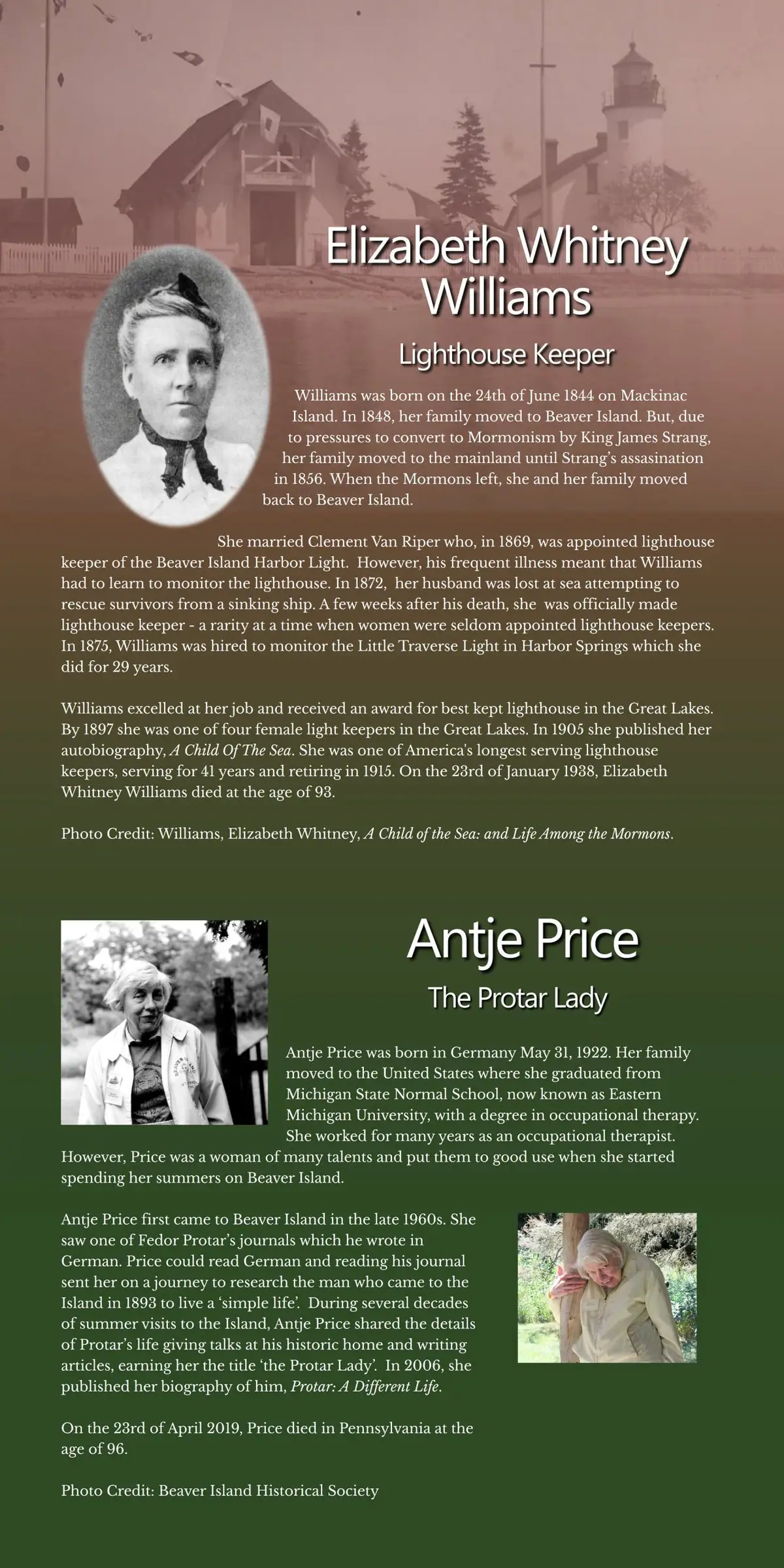 A tall illustrated page presents biographies of two women, with portraits, outdoor photographs, a lighthouse, and extensive text.