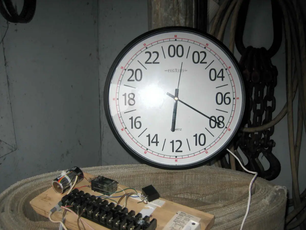 A 24-hour wall clock hangs above an exposed electrical control board, wiring, and heavy chains.
