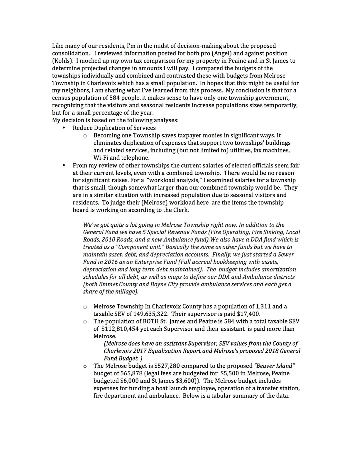 A scanned page presents a printed argument about township consolidation, municipal budgets, and taxpayer costs.