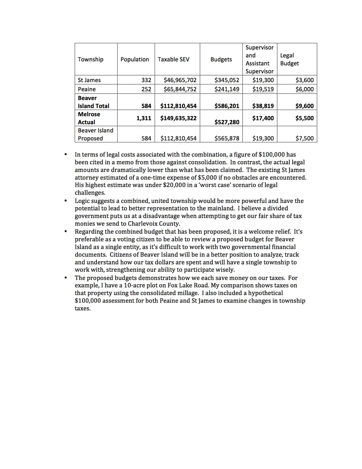 Scanned page with a township comparison table and four bullet points about consolidation, budgets, taxes, and legal costs.
