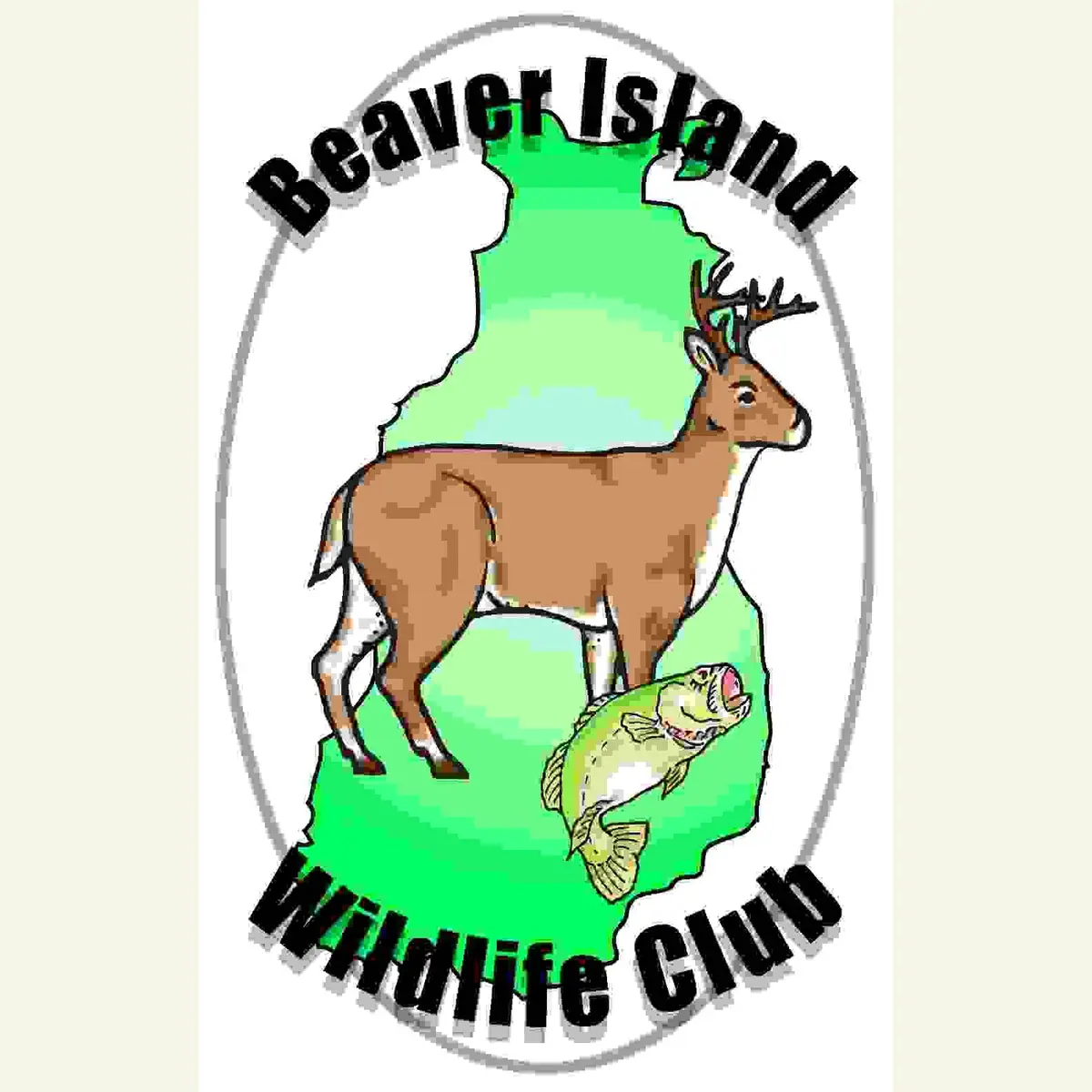Illustrated emblem with a deer, fish, green shape, and the words “Beaver Island Wildlife Club.”