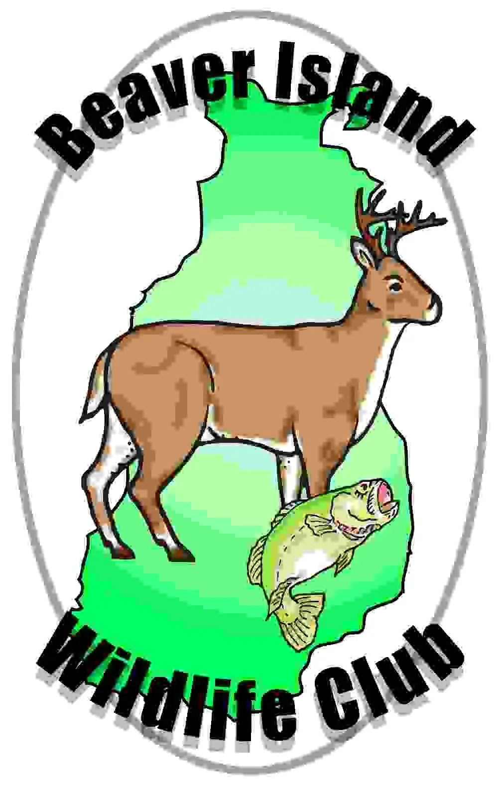 Illustrated logo with a deer, fish, green silhouette, and the words “Beaver Island Wildlife Club.”