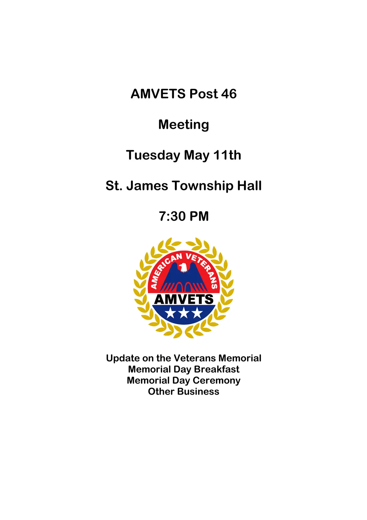 A printed AMVETS meeting notice with an emblem and memorial-related agenda items.