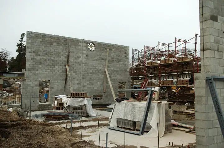 Concrete-block walls, scaffolding, and covered building materials at a construction site.