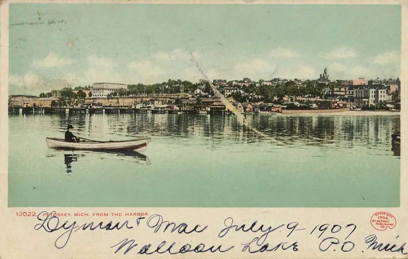 Colour postcard view across Little Traverse Bay to the Petoskey waterfront,