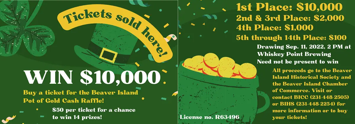 Promotional raffle graphic with a pot of gold, prize details, and ticket information.