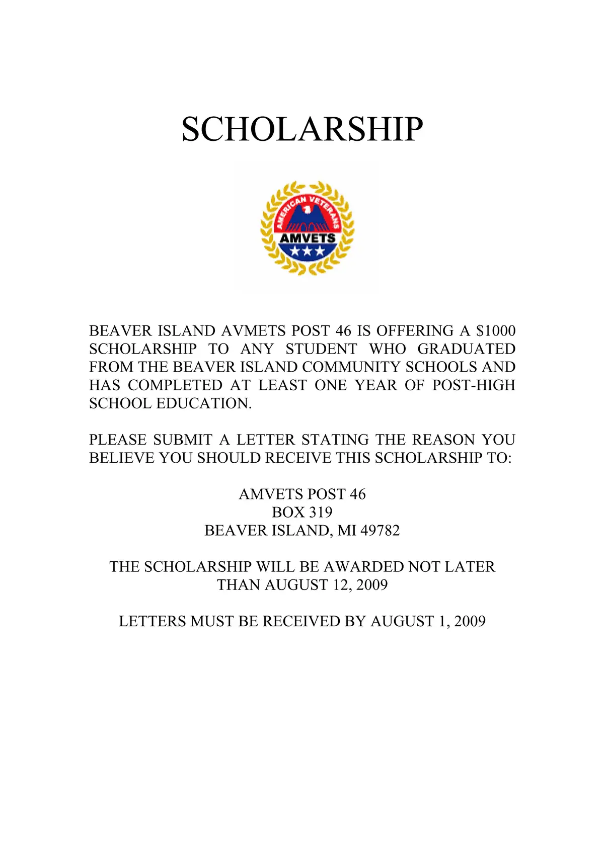 A scholarship announcement flyer with an AMVETS emblem and application instructions.